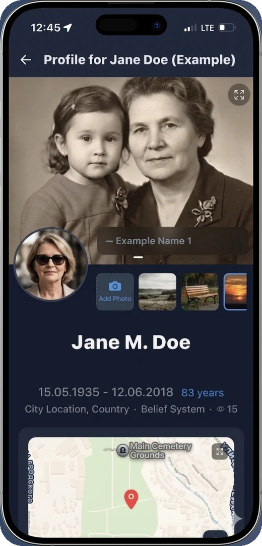 A person's page in the Roots app: photographs, life dates, place on the map and old family pictures